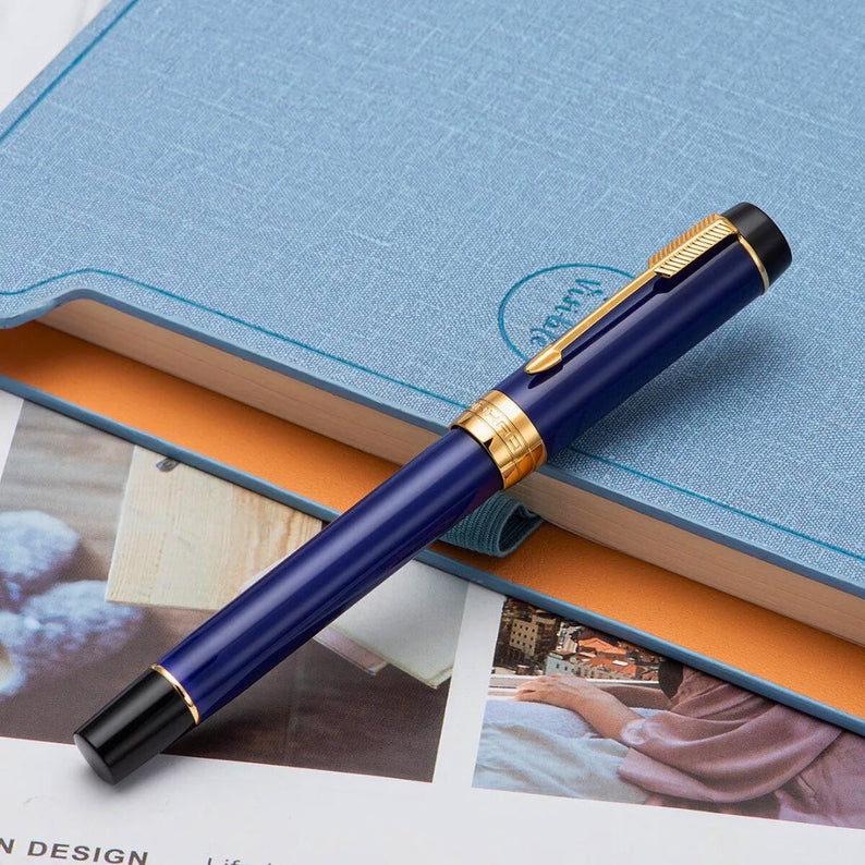 Jinhao 100 Mini Classic Fountain Pen – Navy Blue Marble Celluloid, Gold Arrow Trim, Fine Nib with Converter
