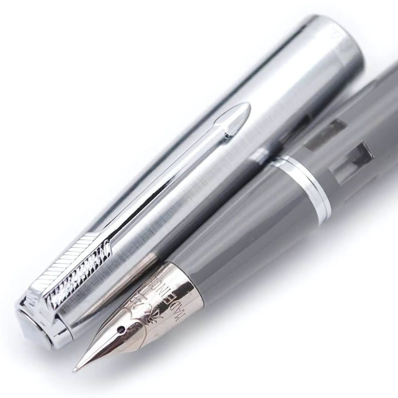 Wing Sung 601A Grey Steel Cap Vacumatic Fountain Pen with Ink Window – 0.5mm Fine Nib, Resin Body, Push-Cap with Converter & Box (No Ink)