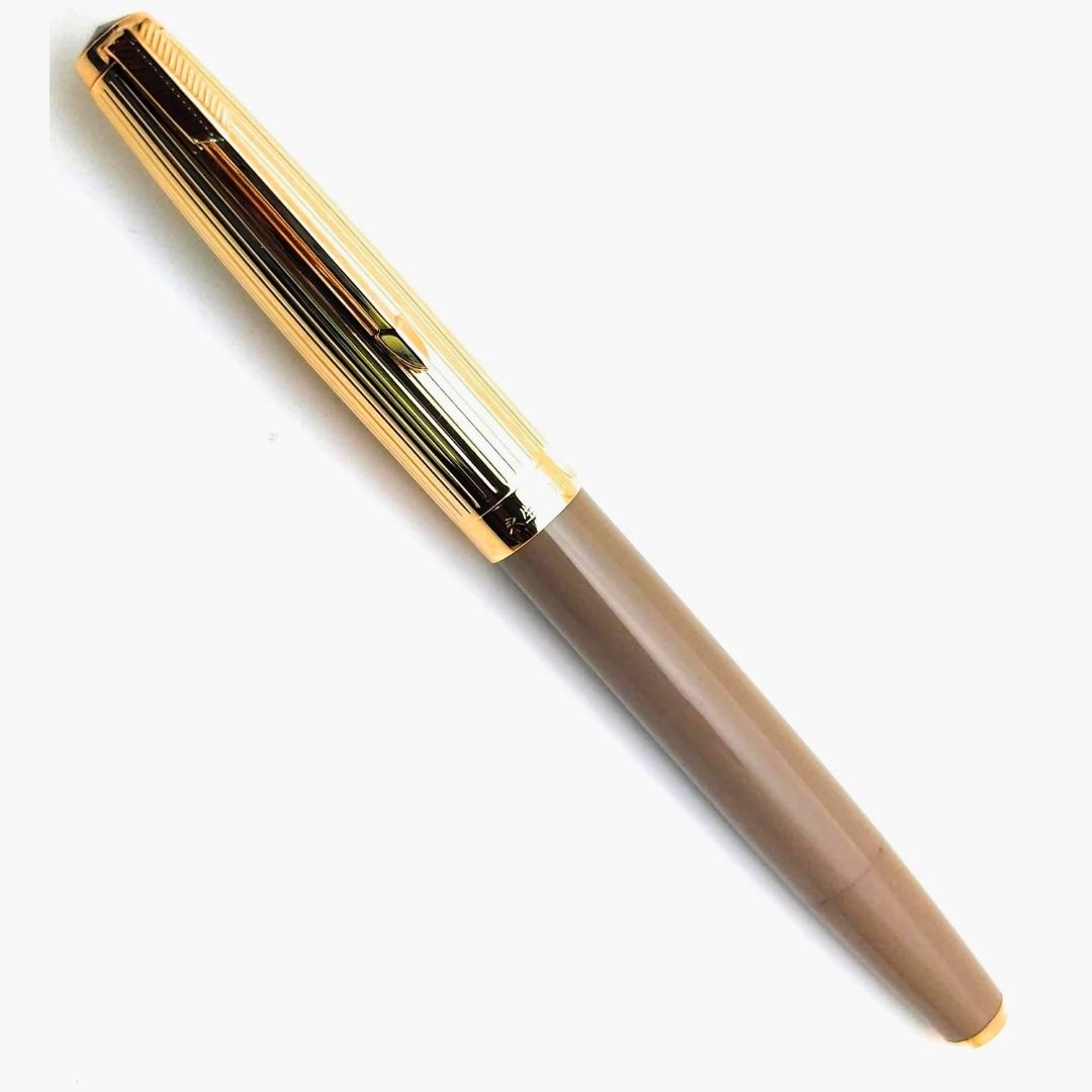 Wing Sung 601A Brown Vacumatic Fountain Pen with Golden Cap – 0.5mm Fine Nib, Ink Window Pen, Resin Body, Push-Cap with Converter & Box (No Ink)