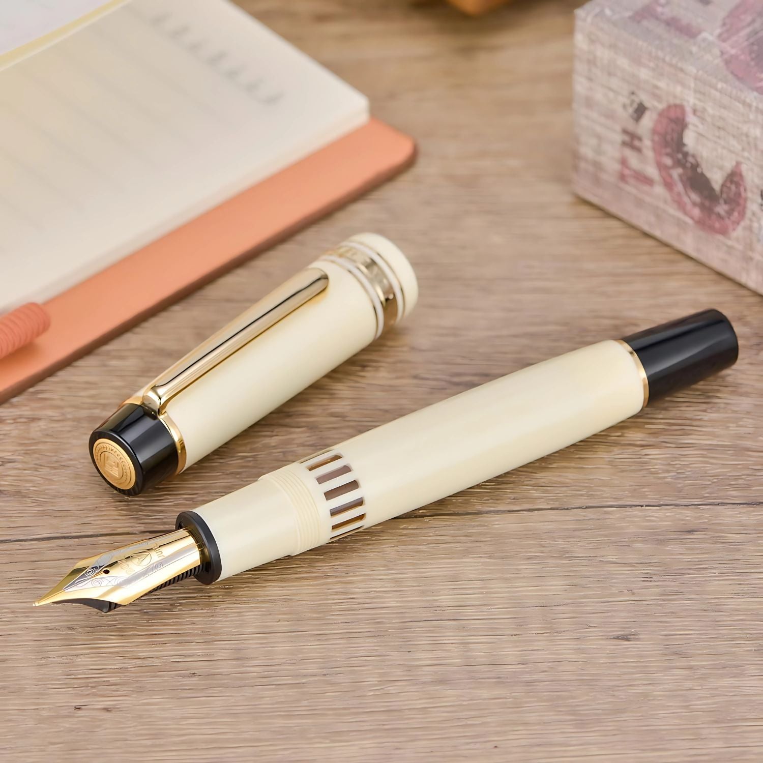 WingSung Junlai 930 Acrylic Fountain Pen – Flat Top Design with Piston Filling System, Size #9 Iridium Nib in Fine, Medium & Broad – Ivory White Body with Gold Trim (No Ink)