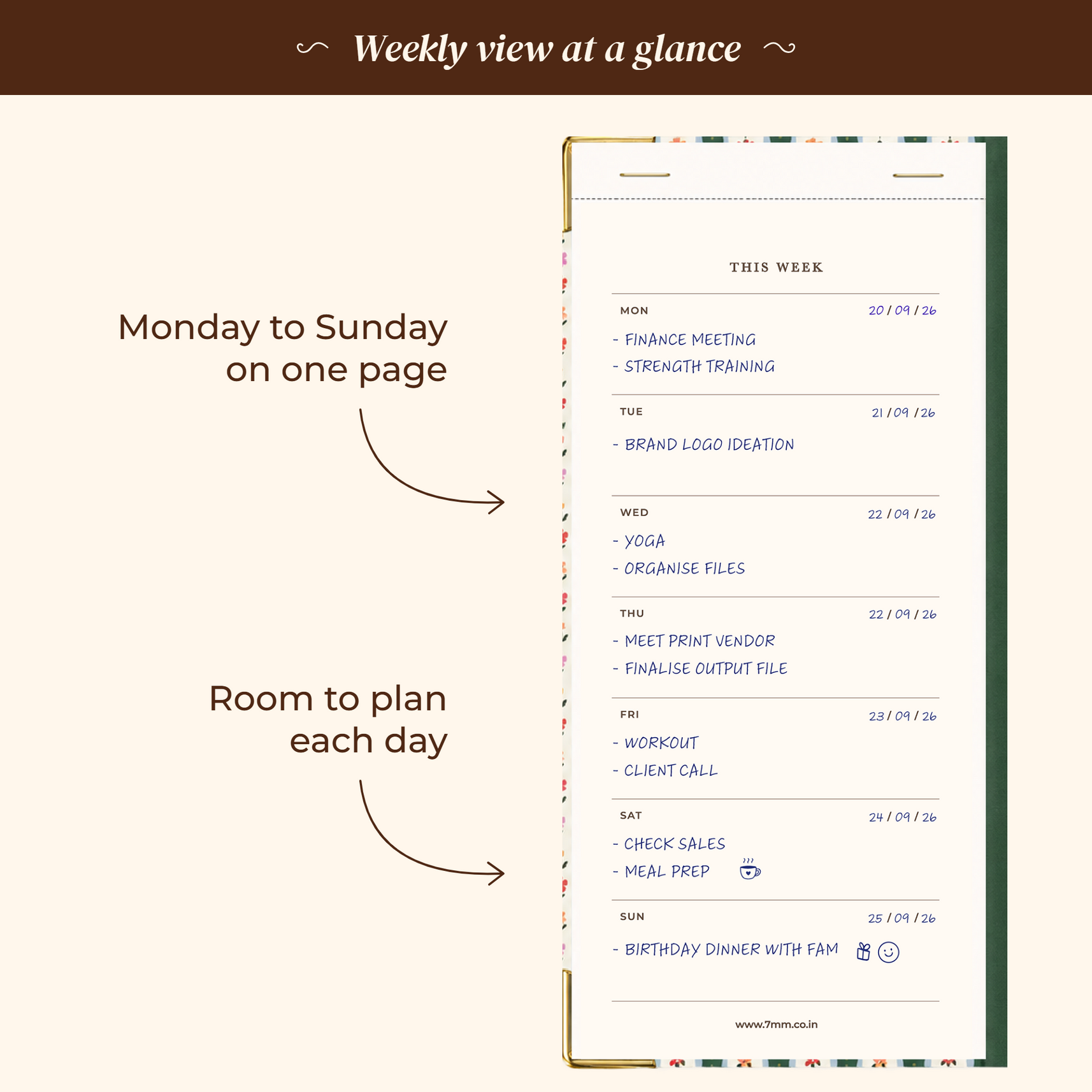 7mm Between The Lines Weekly Planner Pocket, Undated, 120 Pages- Wildflower