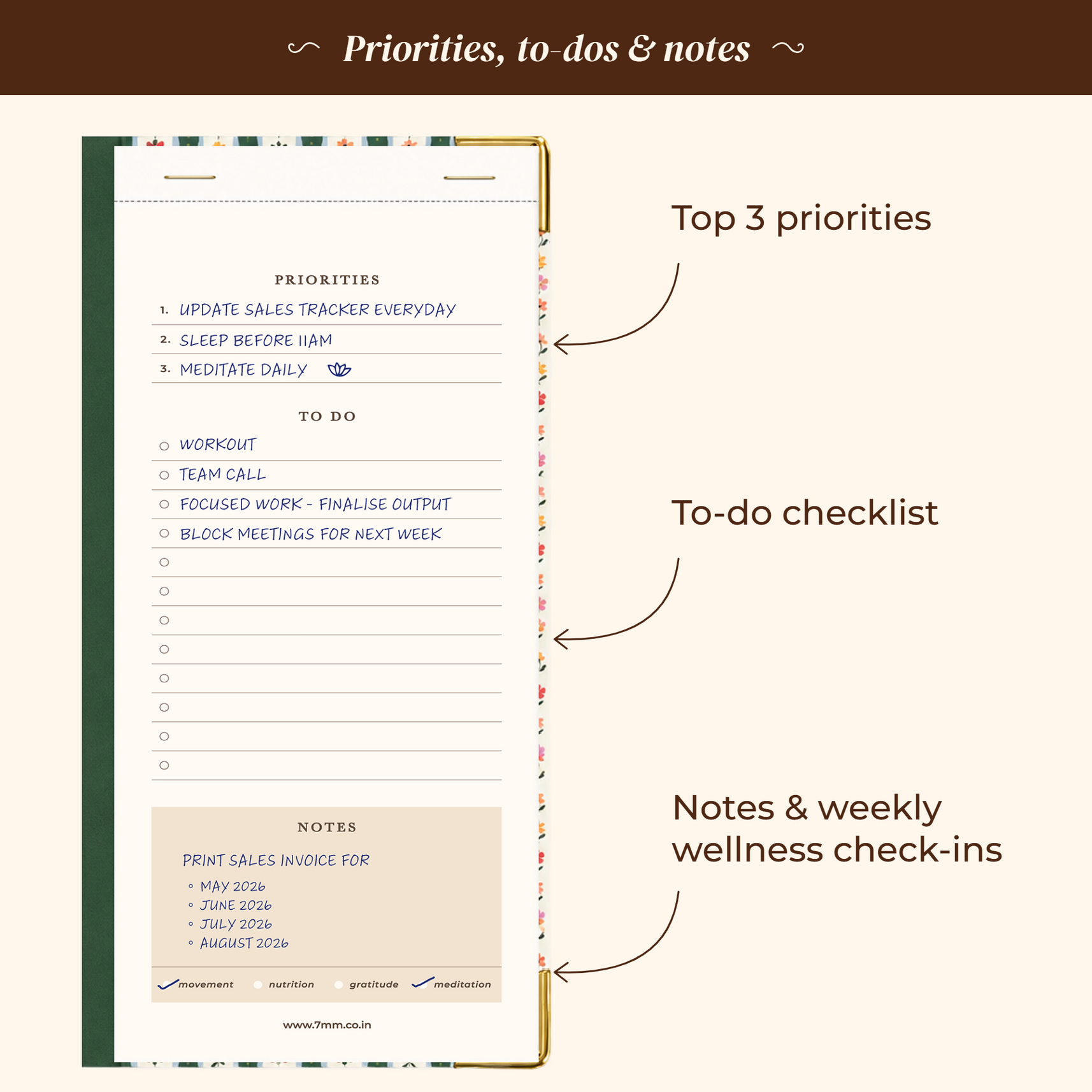 7mm Between The Lines Weekly Planner Pocket, Undated, 120 Pages- Wildflower