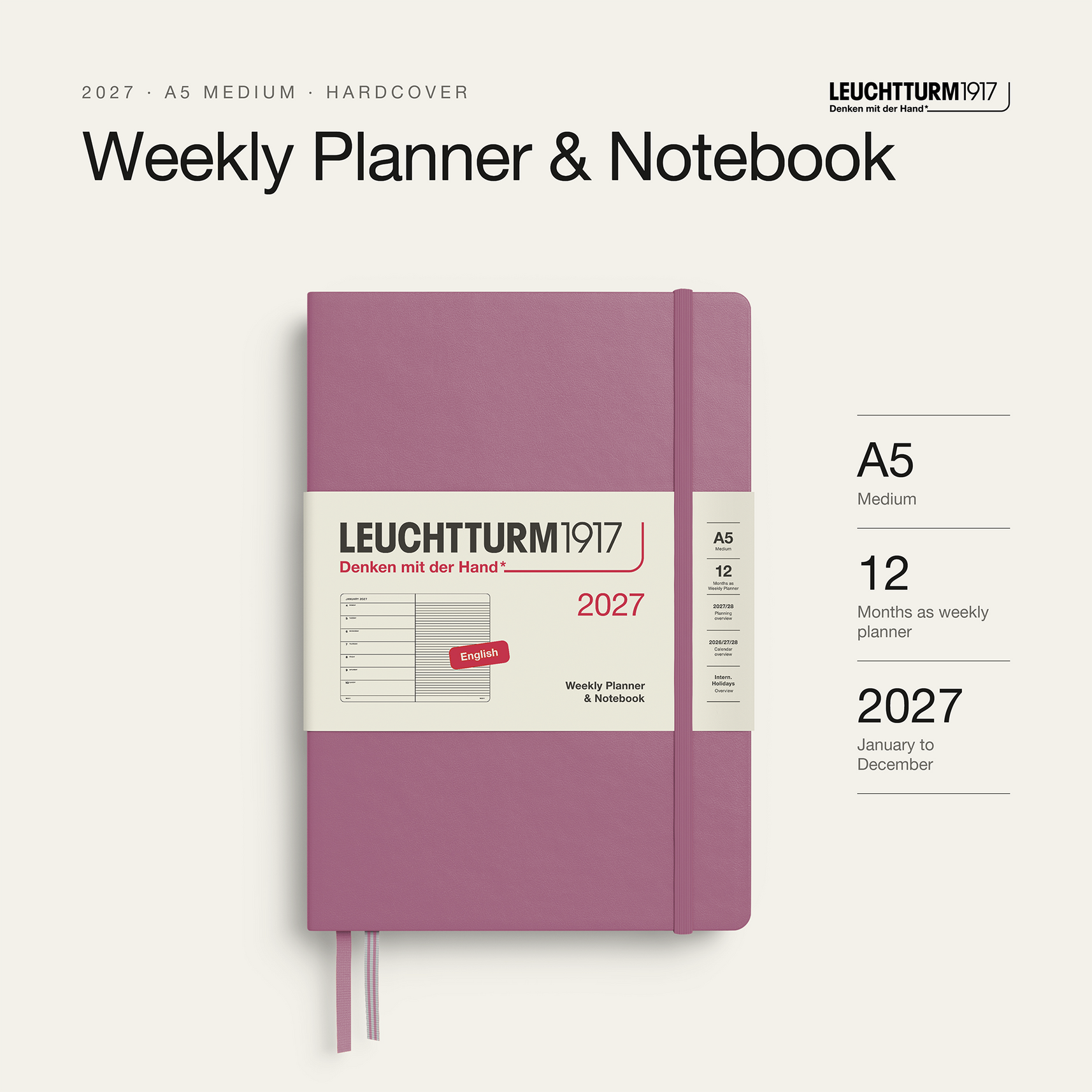Leuchtturm1917 2027 Weekly Planner & Notebook A5 - Dusty Rose