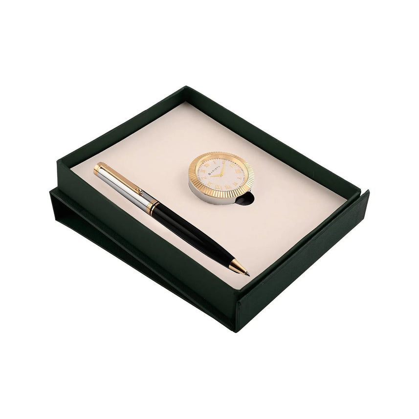 Arista | Ballpoint Pen | Black Barrel Chrome Cap With Gold Trim | With Gold Chrome Table Clock