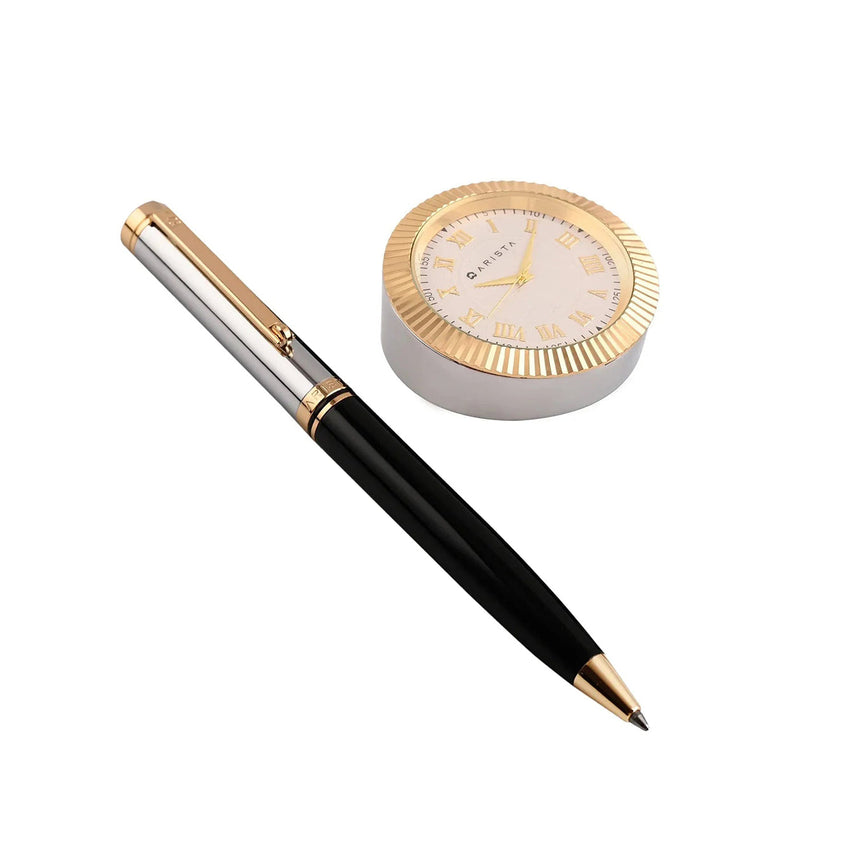 Arista | Ballpoint Pen | Black Barrel Chrome Cap With Gold Trim | With Gold Chrome Table Clock