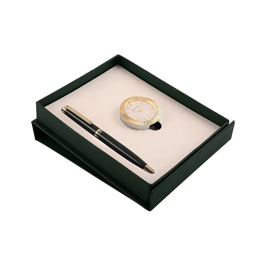 Arista | Ballpoint Pen | Black With Gold Trim | With Gold Chrome Table Clock