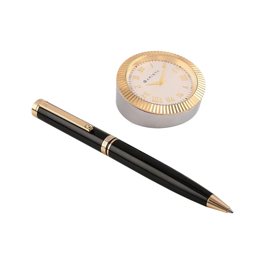 Arista | Ballpoint Pen | Black With Gold Trim | With Gold Chrome Table Clock