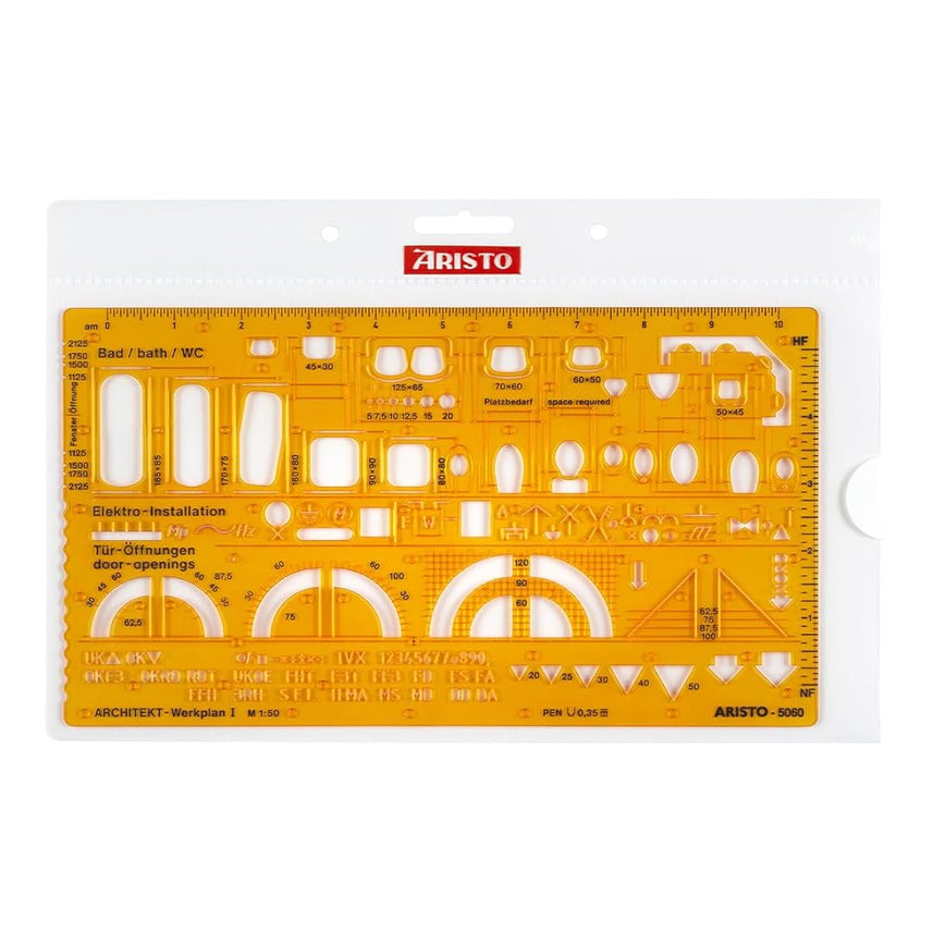 Aristo | Architecture Combination | Stencil 1 1:50 Symbols | Nubs Dimensionally Stable | Orange-Transparent PET Plastic