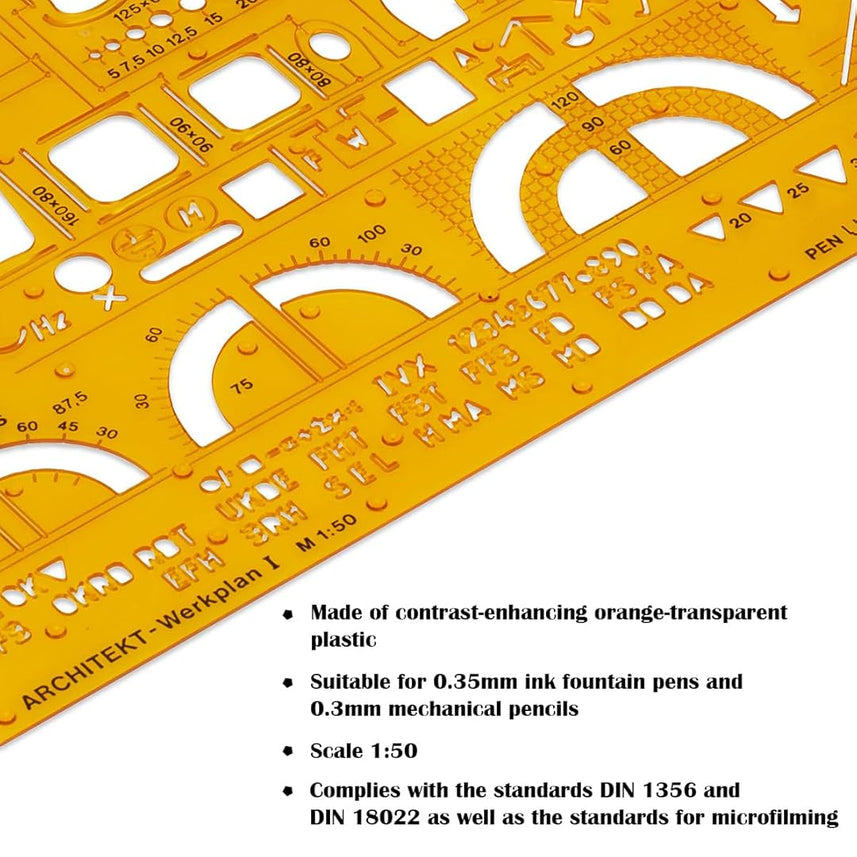 Aristo | Architecture Combination | Stencil 1 1:50 Symbols | Nubs Dimensionally Stable | Orange-Transparent PET Plastic