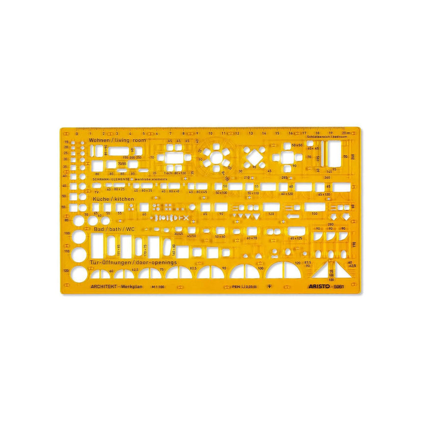 Aristo | Architecture Combination | Stencil 2 1:100 Symbols | Nubs Dimensionally Stable | Orange-Transparent PET Plastic