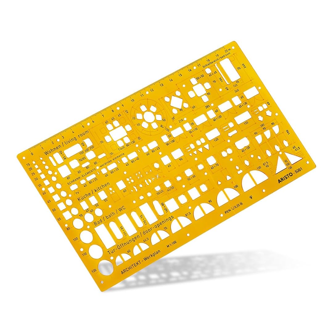 Aristo | Architecture Combination | Stencil 2 1:100 Symbols | Nubs Dimensionally Stable | Orange-Transparent PET Plastic