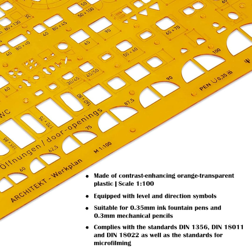 Aristo | Architecture Combination | Stencil 2 1:100 Symbols | Nubs Dimensionally Stable | Orange-Transparent PET Plastic