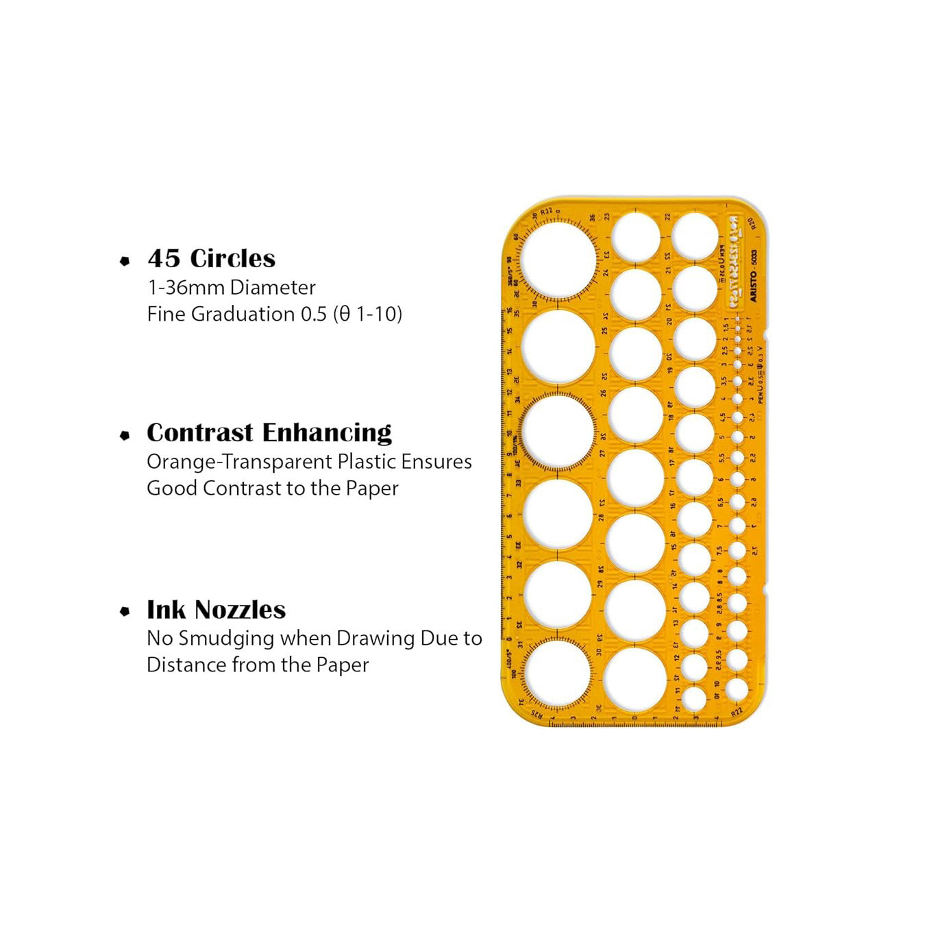 Aristo | Circle Round Shapes | Drawing Drafting Template Stencil | Ø from 1 to 36 mm | 45 Circles