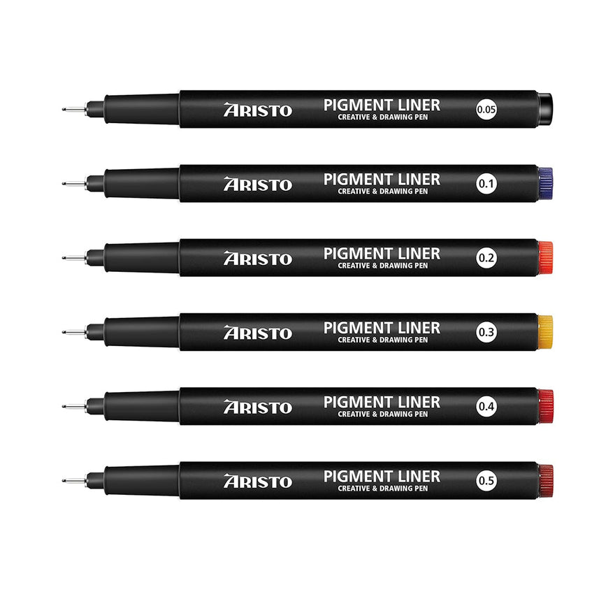 Aristo | Pigment Liner | 0.05, 0.1, 0.2, 0.3, 0.4, 0.5mm | Set of 6 Pens