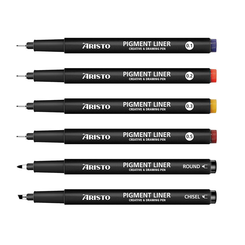 Aristo | Pigment Liner | 0.1, 0.2, 0.3, 0.5, Chisel, Round | Pack of 6