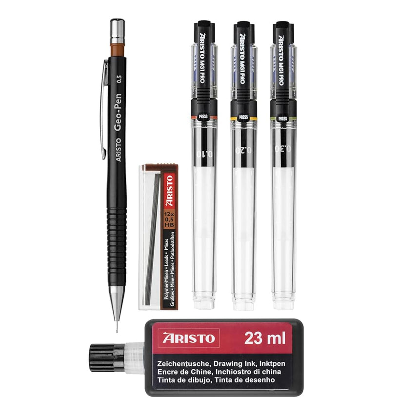 Aristo | Technical Drawing Pen | 0.1mm,0.2mm,0.3mm with 0.5mm Geo-pen | Mechanical Clutch Lead Pencil