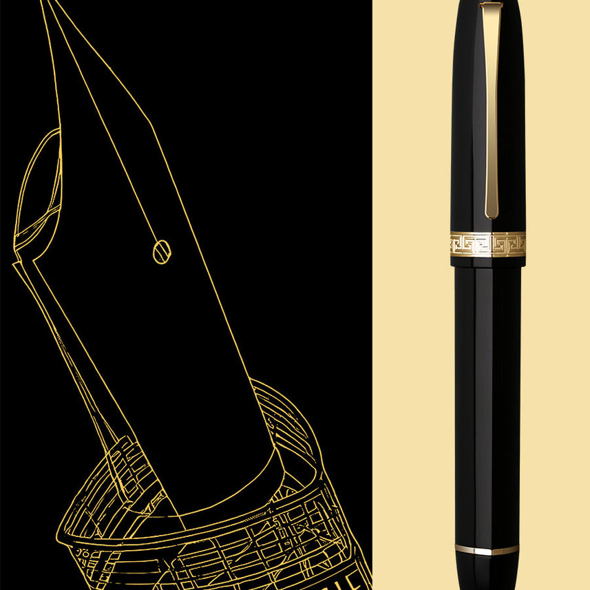 Moonman V60 Triangular Piston Fountain Pen – Ergonomic Extra Fine Writing Instrument with Resin Body And Gift Box (Black With Golden Trim & Clip)