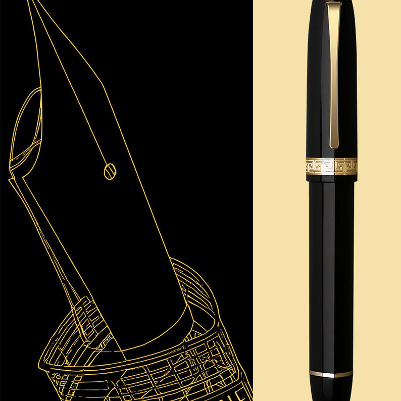 Moonman V60 Triangular Piston Fountain Pen – Ergonomic Fine Writing Instrument with Resin Body And Gift Box (Black With Golden Clip And Trim)