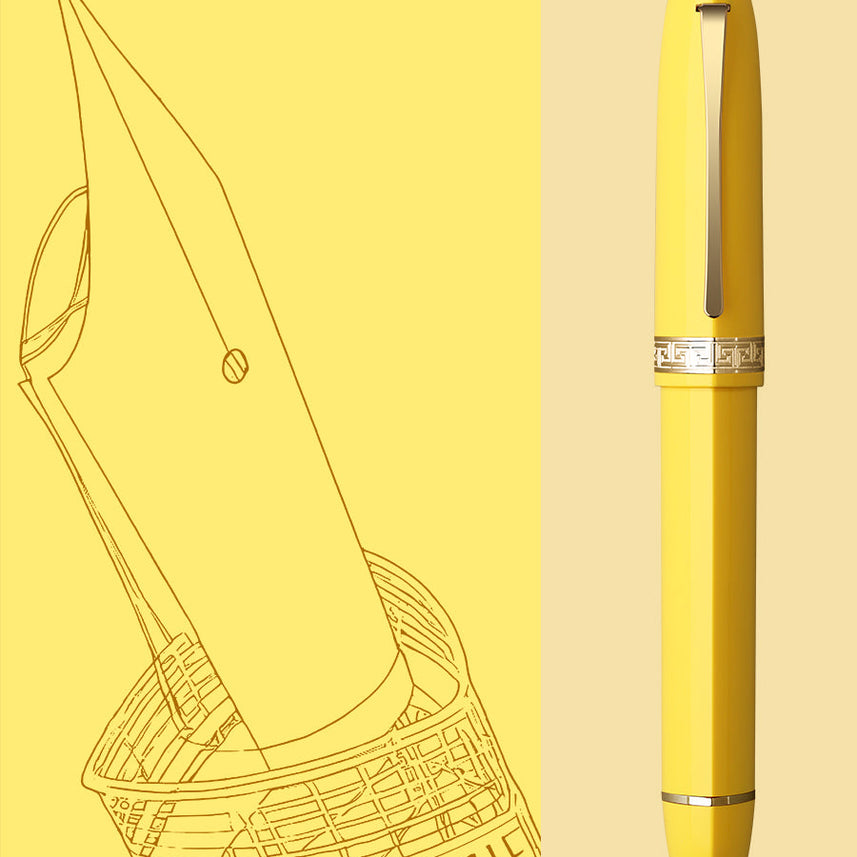 Moonman V60 Triangular Piston Fountain Pen – Ergonomic Fine Writing Instrument with Resin Body And Gift Box (Yellow With Gold Trim & Clip)