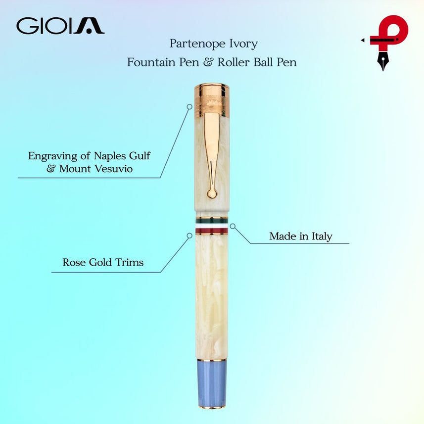 GIOIA Partenope Ivory Blue Fountain Pen and Rollerball – Rose Gold Trim