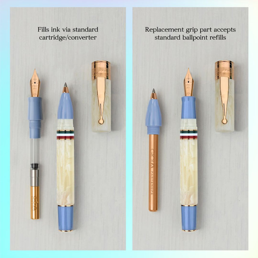 GIOIA Partenope Ivory Blue Fountain Pen and Rollerball – Rose Gold Trim