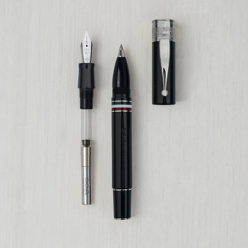 GIOIA Partenope Black Fountain Pen and Rollerball – Ruthenium Trim