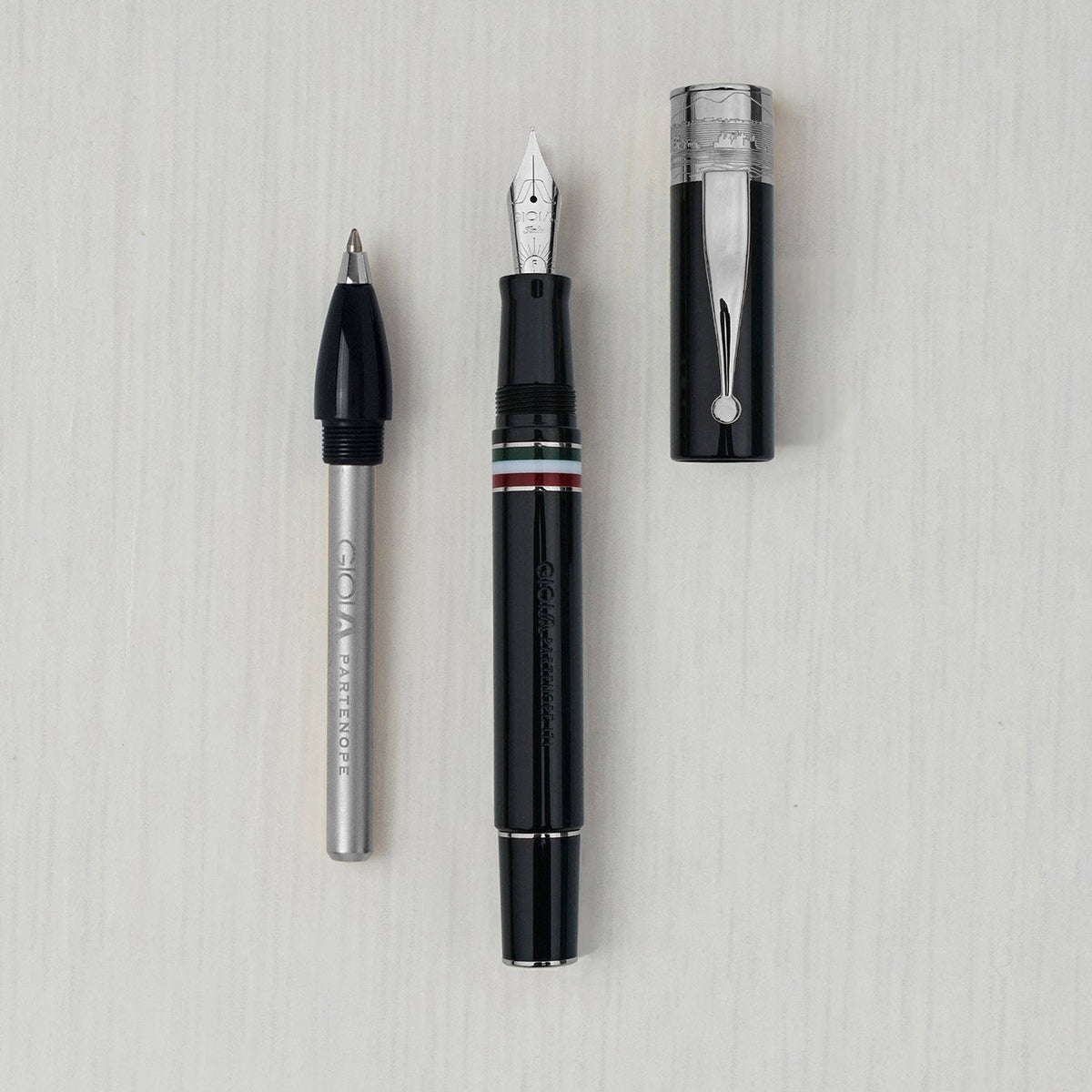 GIOIA Partenope Black Fountain Pen and Rollerball – Ruthenium Trim