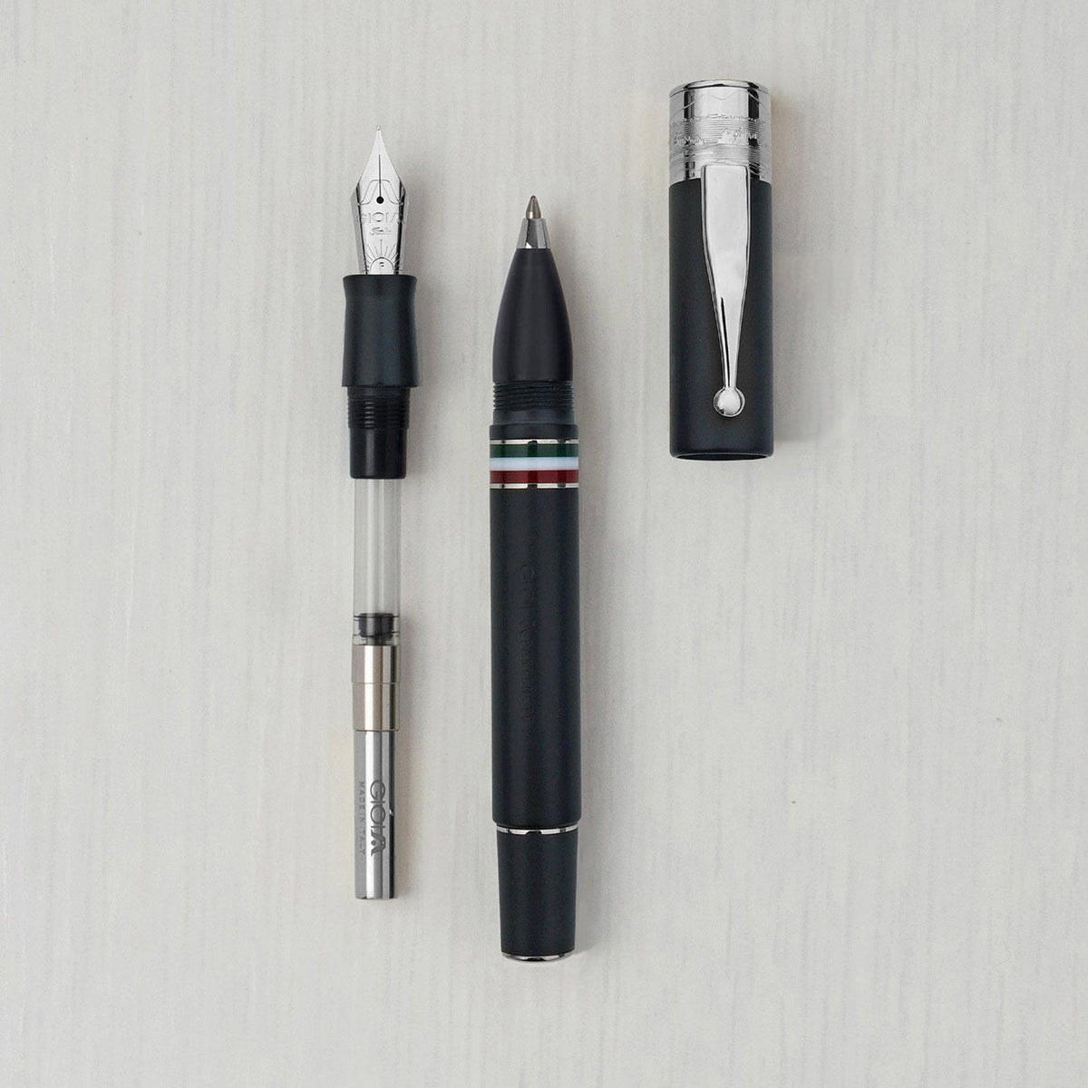 GIOIA Partenope Black Sand Fountain Pen and Rollerball – Silver Trim