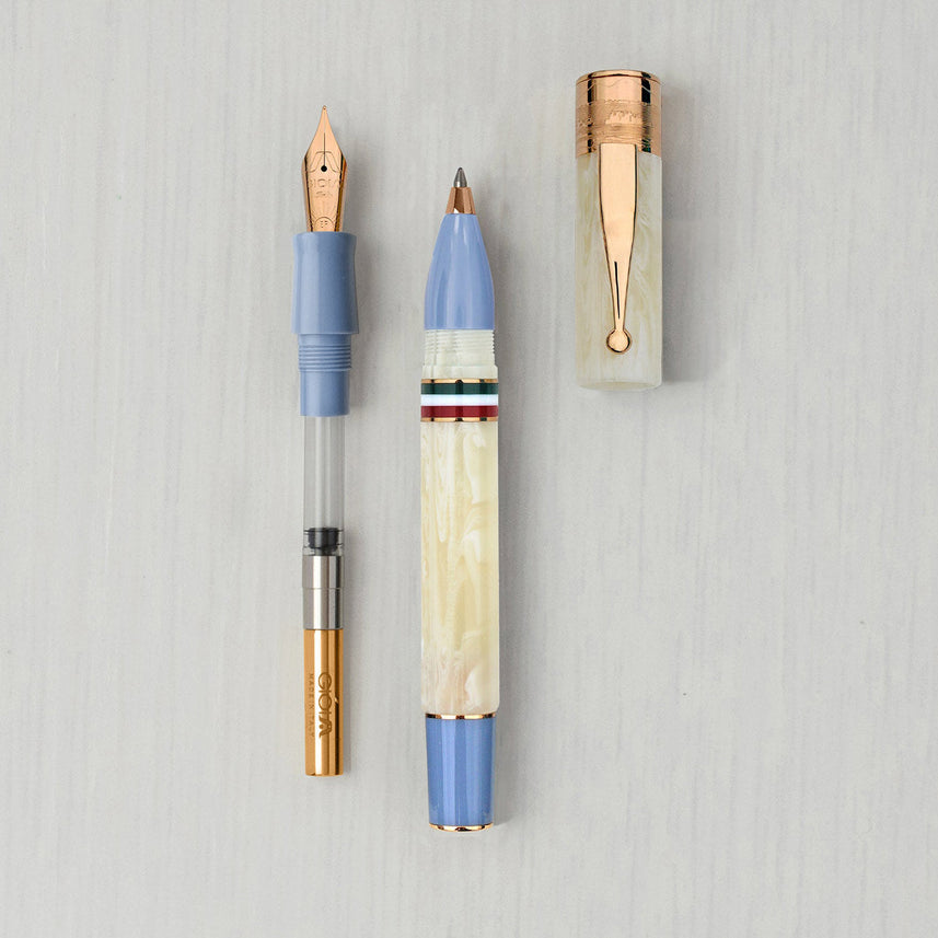 GIOIA Partenope Ivory Blue Fountain Pen and Rollerball – Rose Gold Trim