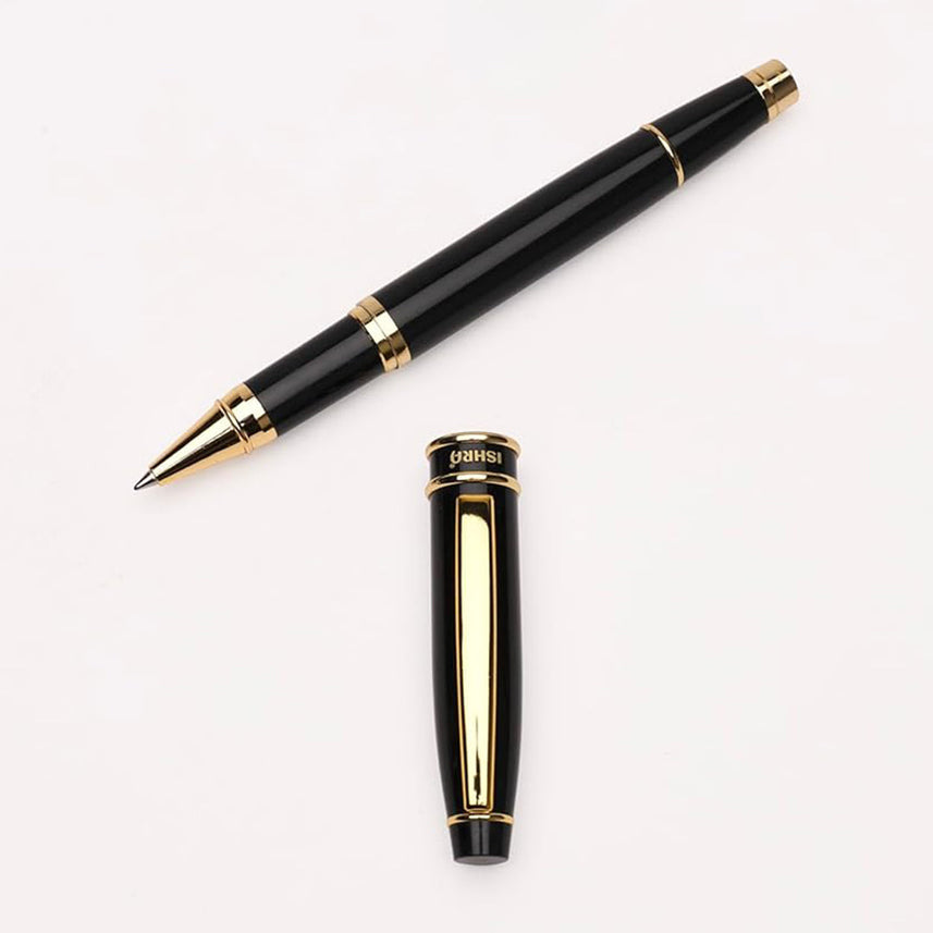 Ishra | Rollerball Pen | Luxury Metal Body | Gold Trims | Black