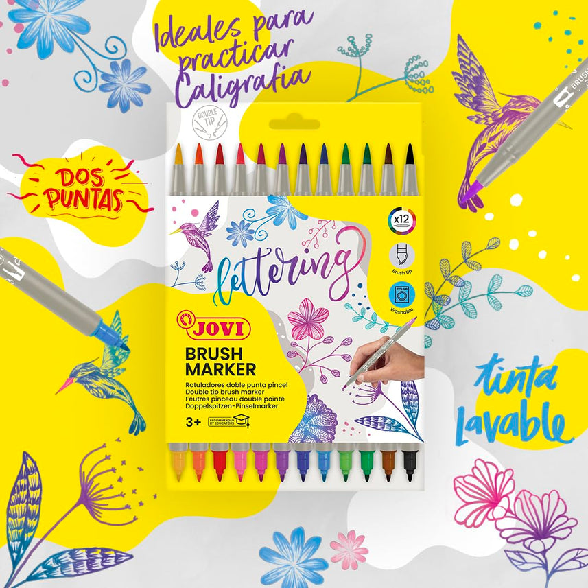 Jovi Brush Marker Set – Double - Tip Lettering Markers, 12 Vibrant Colours in Case - penpencilink