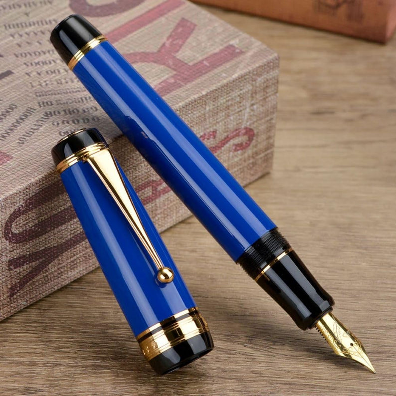 Jinhao Blue Fountain Pen - Fine Nib, Oversized Metal Body, Gold Trim & Clip