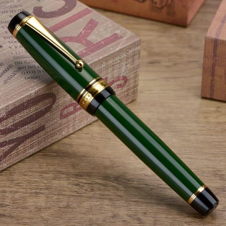 Jinhao Forest Green Fountain Pen - Fine Nib, Oversized Metal Body, Gold Trim & Clip
