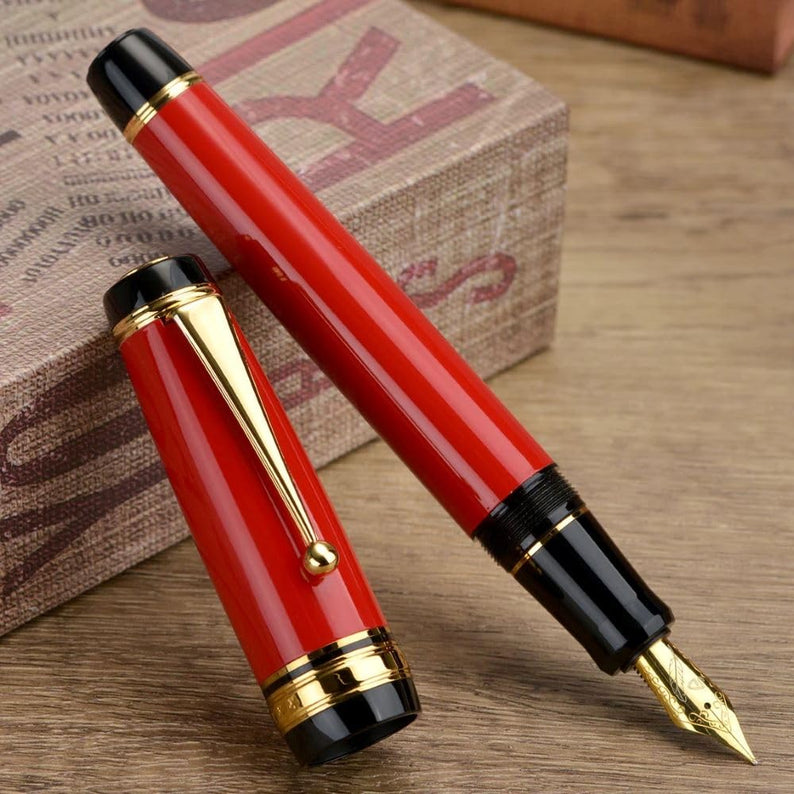 Jinhao Vermillion Red Fountain Pen - Fine Nib, Oversized Metal Body, Gold Trim & Clip