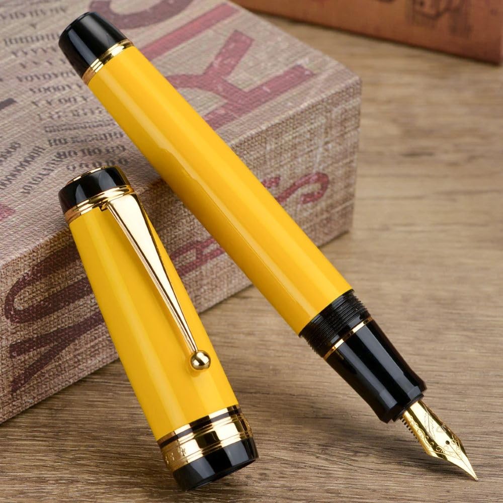 Jinhao Yellow Fountain Pen - Fine Nib, Oversized Metal Body, Gold Trim & Clip