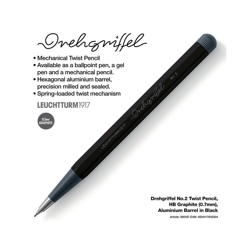 LEUCHTTURM1917 0.7mm Mechanical Clutch Pencil | Graphite HB Lead | Drehgriffel No. 2 | Black| Twist Mechanism