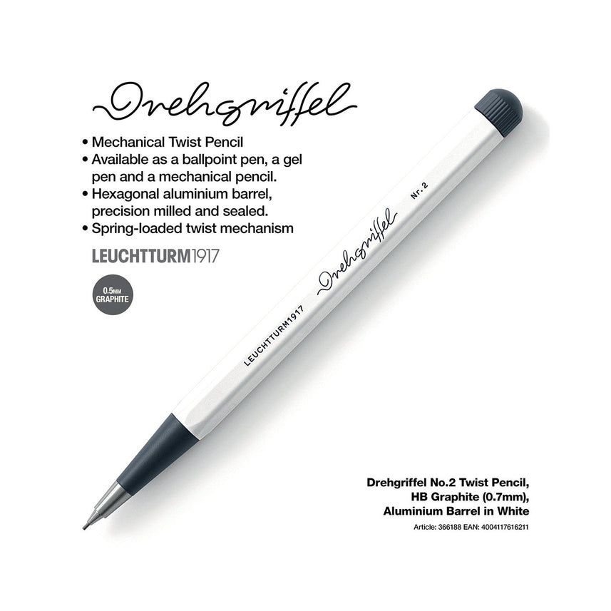 LEUCHTTURM1917 0.7mm Mechanical Clutch Pencil | Graphite HB Lead | Drehgriffel No. 2 | White | Twist Mechanism
