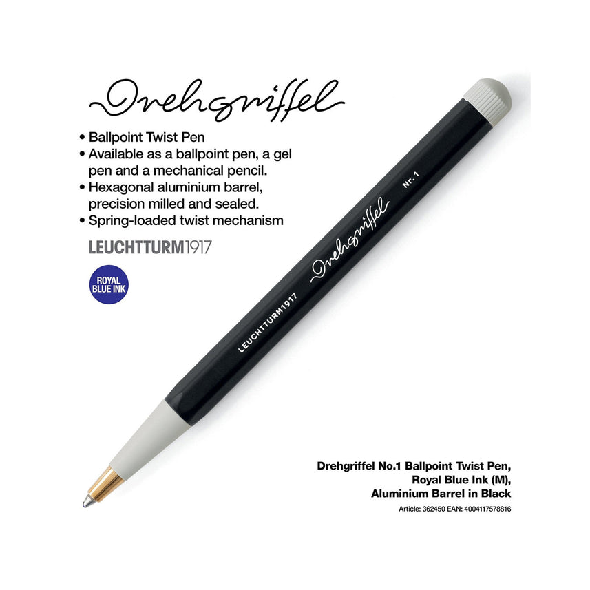 LEUCHTTURM1917 Ball Point Pen with Royal Blue Ink | Drehgriffel No. 1 | Black | Twist Mechanism