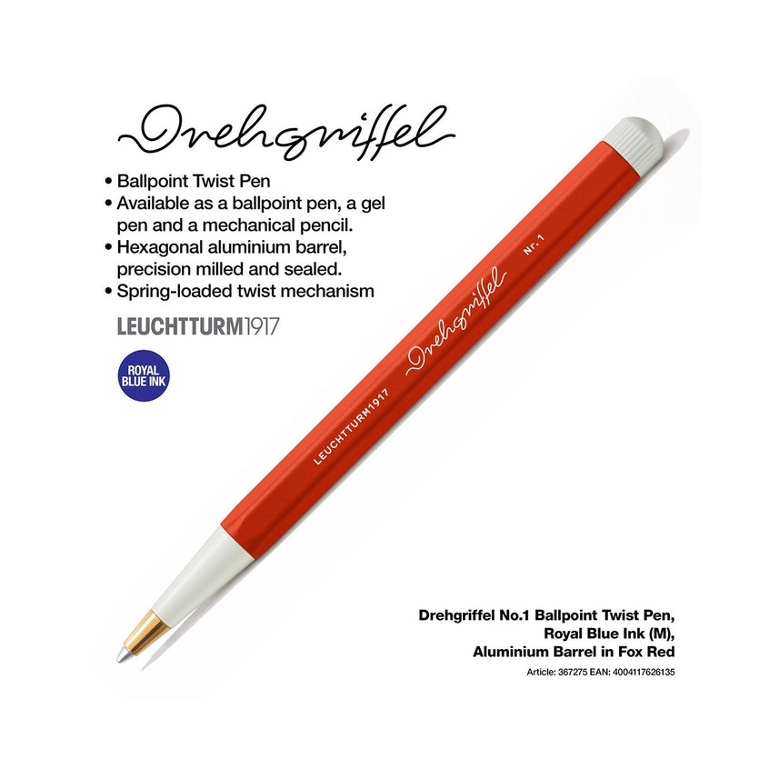 LEUCHTTURM1917 Ball Point Pen with Royal Blue Ink | Drehgriffel No. 1 | Fox Red | Twist Mechanism