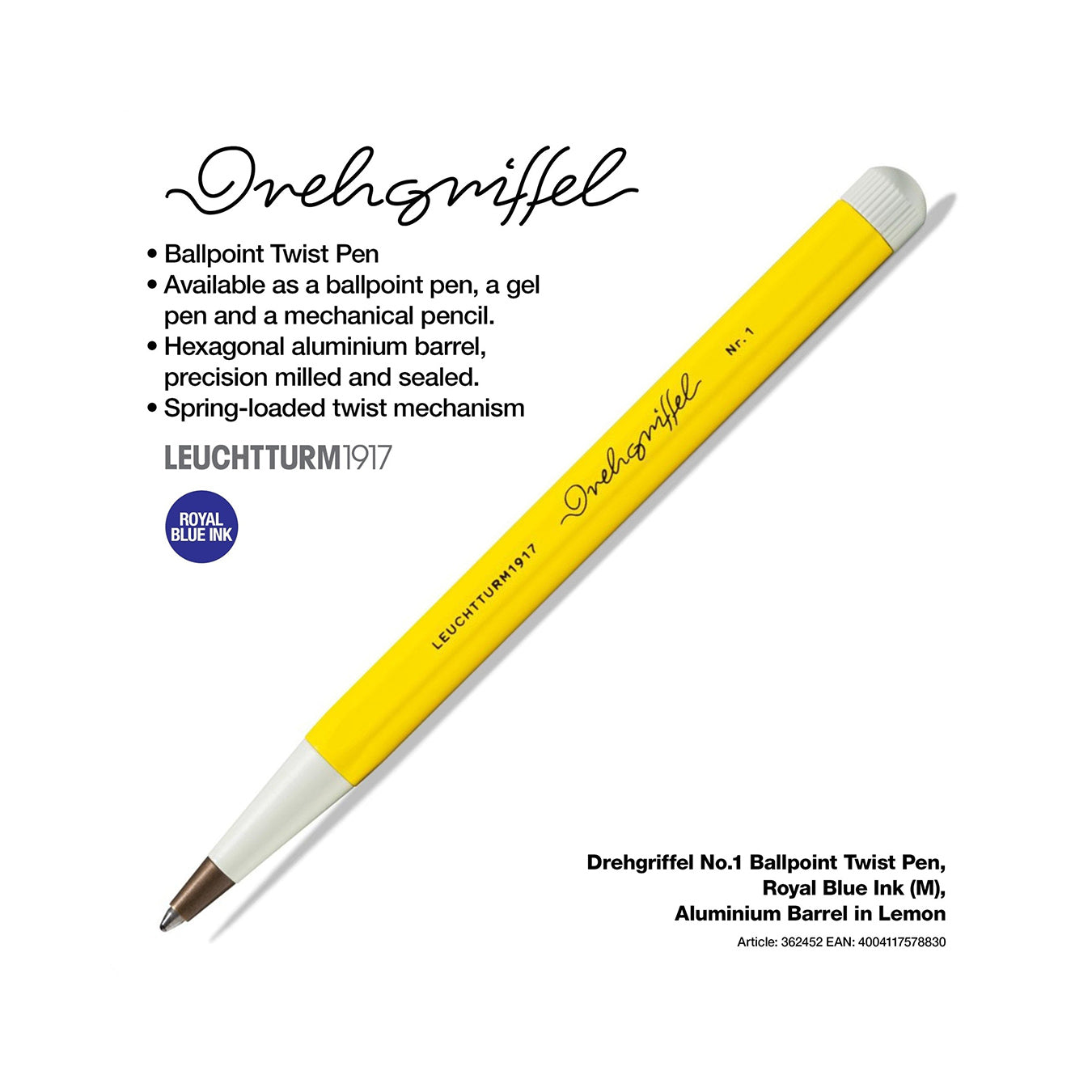 LEUCHTTURM1917 Ball Point Pen with Royal Blue Ink | Drehgriffel No. 1 | Lemon Yellow | Twist Mechanism