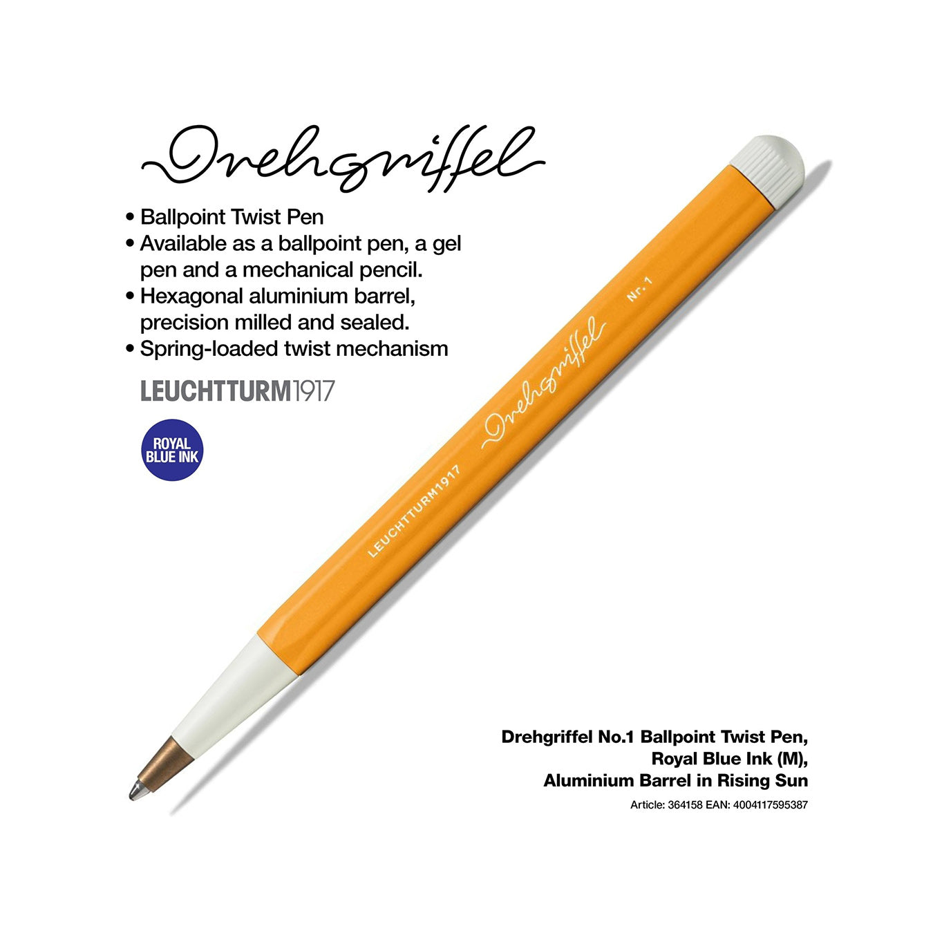 LEUCHTTURM1917 Ball Point Pen with Royal Blue Ink | Drehgriffel No. 1 | Rising Sun Orange | Twist Mechanism