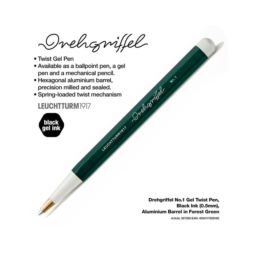 LEUCHTTURM1917 Gel Pen with Document Proof Black Ink | Drehgriffel No. 1 | Forest Green| Twist Mechanism