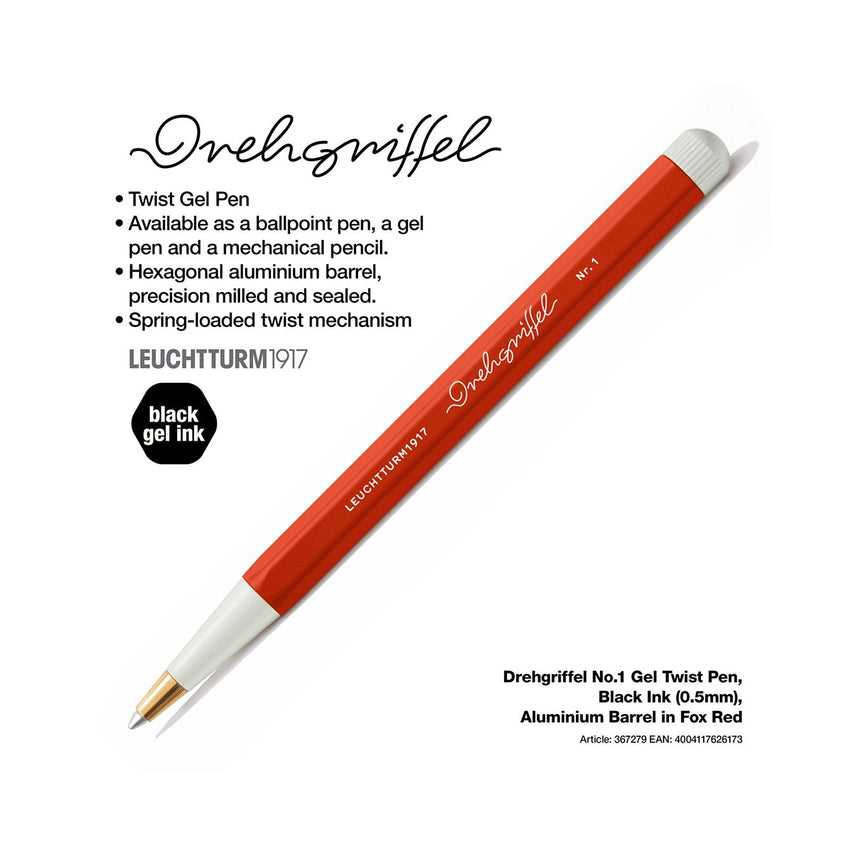 LEUCHTTURM1917 Gel Pen with Document Proof Black Ink | Drehgriffel No. 1 | Fox Red | Twist Mechanism
