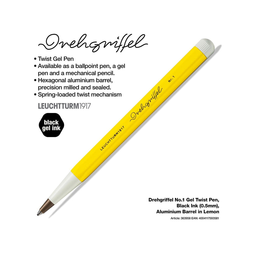LEUCHTTURM1917 Gel Pen with Document Proof Black Ink | Drehgriffel No. 1 | Lemon Yellow| Twist Mechanism