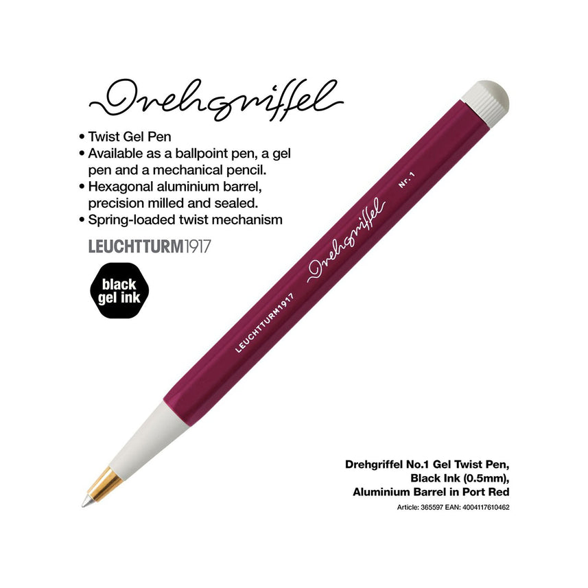 LEUCHTTURM1917 Gel Pen with Document Proof Black Ink | Drehgriffel No. 1 |Port Red| Twist Mechanism