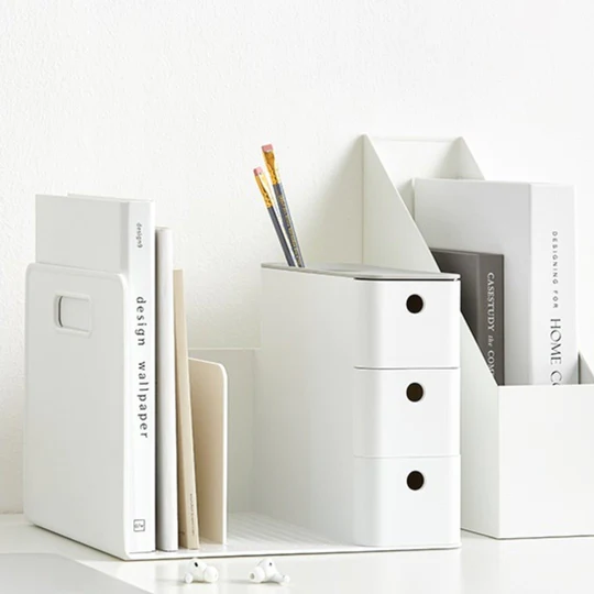 Litem Combo Book Rack with 3 Drawers 2 Bookshelf 1 Pen Stand - White