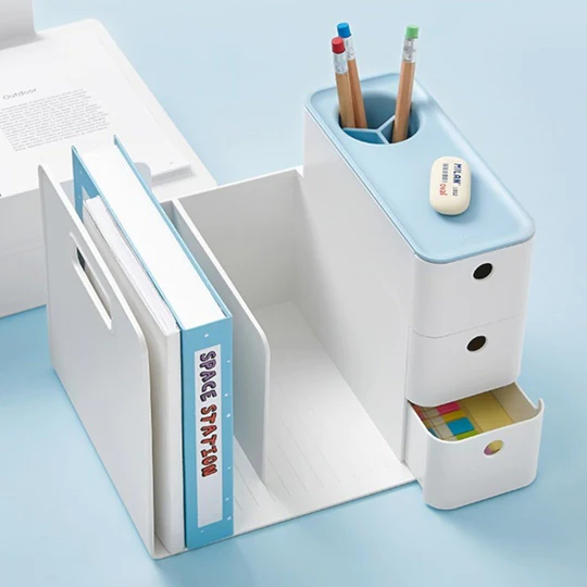 Litem Combo Book Rack with 3 Drawers 2 Bookshelf 1 Pen Stand - White