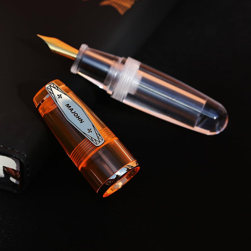 MAJOHN Q3 Mini Eyedropper Fountain Pen, Transparent Resin Short Pocket Pen, Iridium Fine Nib Large Capacity Writing Pen Case Set (Orange)