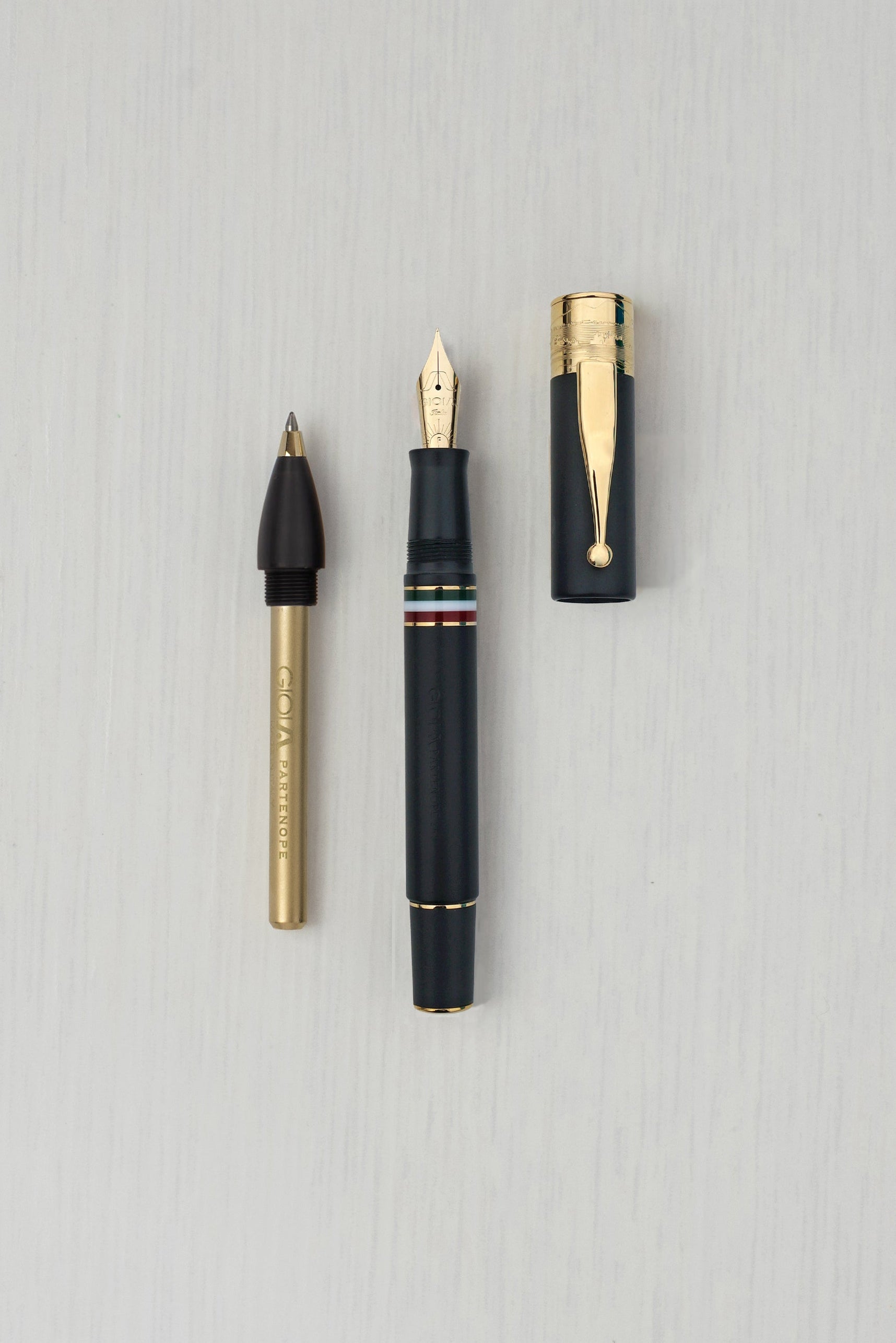 GIOIA Partenope Black Sand Fountain Pen and Rollerball – Gold Trim