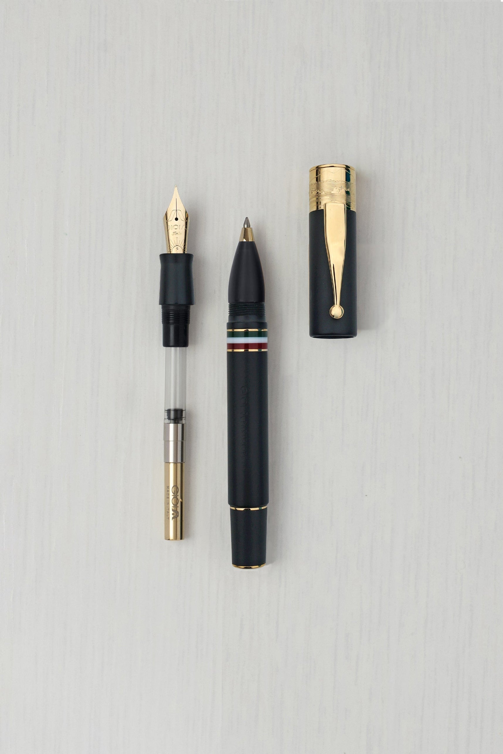 Gioia | Fountain Pen & Rollerball Pen | Partenope | Black Sand | Gold Trims